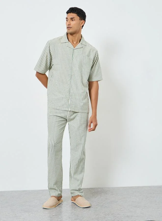 Styli Men Striped Woven Shirt and Pyjama Set